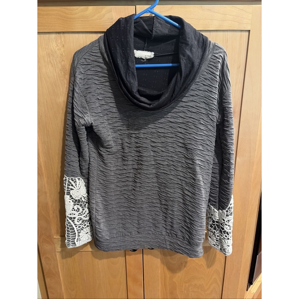 A'reve Gray Medium Cowl Neck Top Lace Long Sleeve - Whimsigoth, Artsy, Cozy
